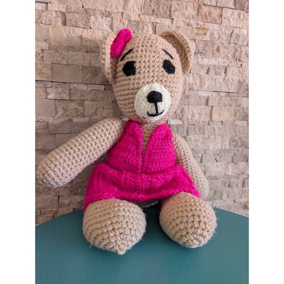 Handmade Other - 14" Crochet Knit Bear In Pink Dress Handmade Soft Plush Nursery Decor Baby Gift